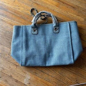 Neutral Blue Canvas Tote Bag with Chain Handles